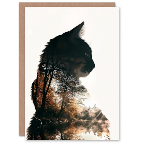 Artery8 Birthday Card Cat Lover Double Exposure Forest Lake Landscape Blank Arty Art All Occasion Greeting Card von Artery8