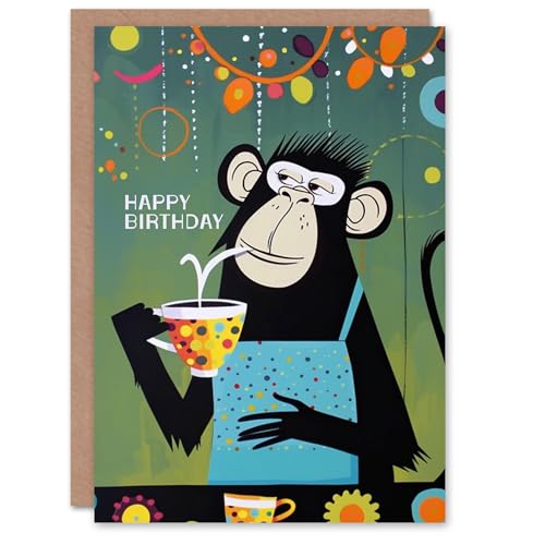 Artery8 Birthday Card Chimp in Apron Tea Coffee Fun Quirky For Him Man Male Dad Brother Son Papa Grandad Greeting Card von Artery8