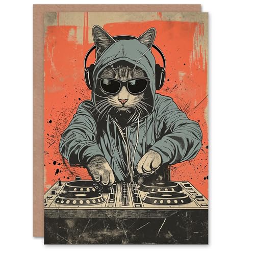 Artery8 Birthday Card DJ Cat with Sunglasses and Hoodie for Him Man Male Dad Brother Son Papa Grandad Greeting Card von Artery8
