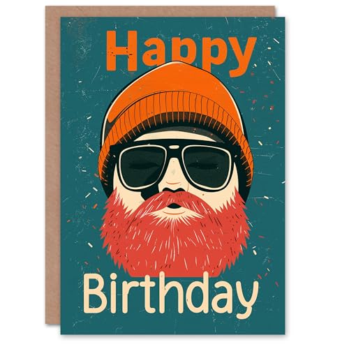 Artery8 Birthday Card Hipster Man with Beard and Shades Beanie For Him Man Male Dad Brother Son Papa Grandad Greeting Card von Artery8