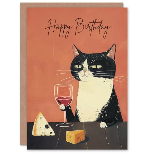 Artery8 Birthday Card Sophisticated Tuxedo Wino Cat Cheese Lover Fun Artwork For Him Her Man Woman Girl Boy Wife Husband Greeting Card von Artery8