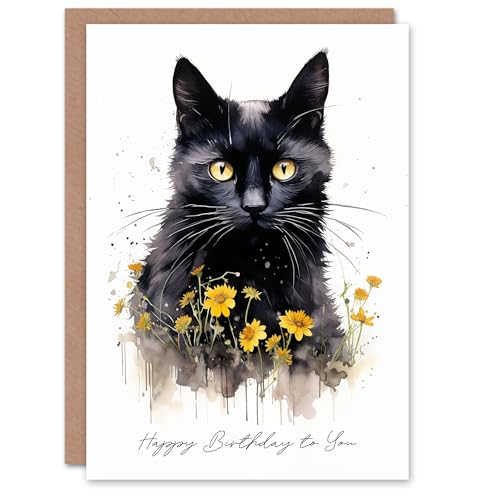 Artery8 Birthday Greeting Card Black Cat Lover Yellow Flowers For Her von Artery8