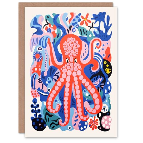 Artery8 Birthday Greeting Card Octopus Coral Reef Matisse Style Pattern For Him Her von Artery8