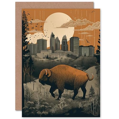 Artery8 Bison in Forest by Urban Cityscape Modern Linocut Travel Birthday Sealed Greeting Card Plus Envelope Blank inside von Artery8