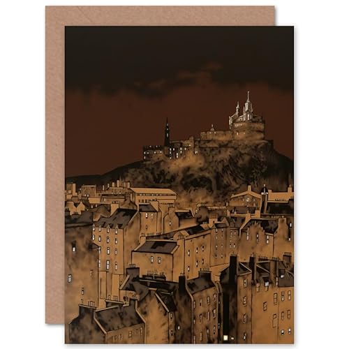 Artery8 Edinburgh Castle Over Old Town Cityscape at Night Travel Birthday Sealed Greeting Card Plus Envelope Blank inside von Artery8
