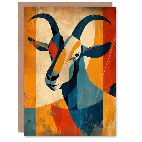 Artery8 Goat Abstract Blue Red Yellow Geometric Painting Blank For Him Or Her Art Birthday Card von Artery8