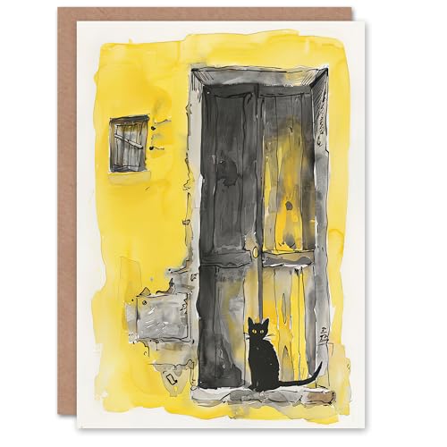 Artery8 Greeting Card Black Cat in Doorway Rustic Yellow Watercolour Blank For Him Or Her Art Birthday Card von Artery8