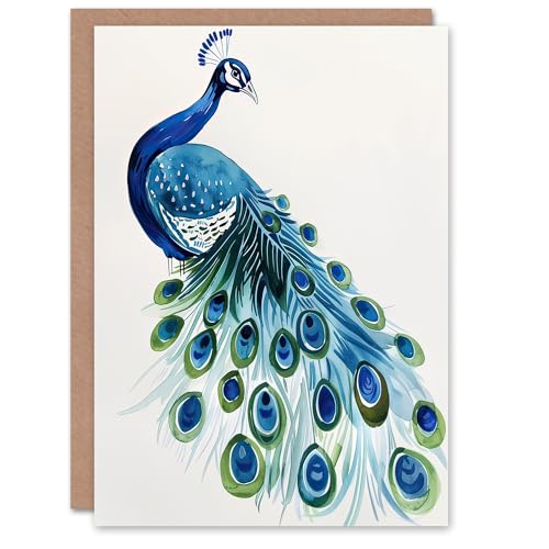 Artery8 Greeting Card Blue Peafowl Peacock Tail Feathers Watercolour for Her Woman Birthday Card von Artery8