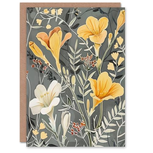 Artery8 Greeting Card Dark Freesia Flowers Painting Wildflowers Bloom for Her Woman Birthday Card von Artery8
