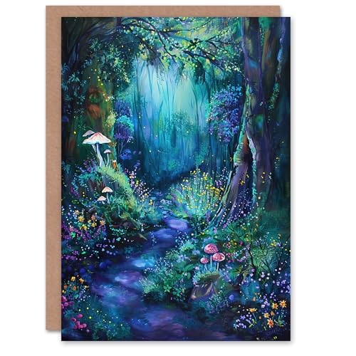 Artery8 Greeting Card Enchanted Forest Bioluminescent Fantasy Magical Blank For Him Or Her Art Birthday Card von Artery8