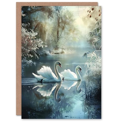 Artery8 Greeting Card Graceful Swans Tranquil Winter Lake Painting Blank for All Him Or Her Art Birthday Card von Artery8