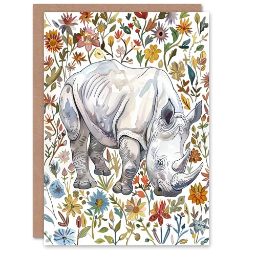 Artery8 Greeting Card Rhinoceros Rhino in Wildflower Meadow Watercolour Blank for Him Or Her Art Birthday Card von Artery8