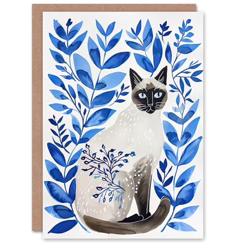 Artery8 Greeting Card Siamese Cat Lover and Blue Plants Pet Portrait Blank for Him Or Her Art Birthday Card von Artery8