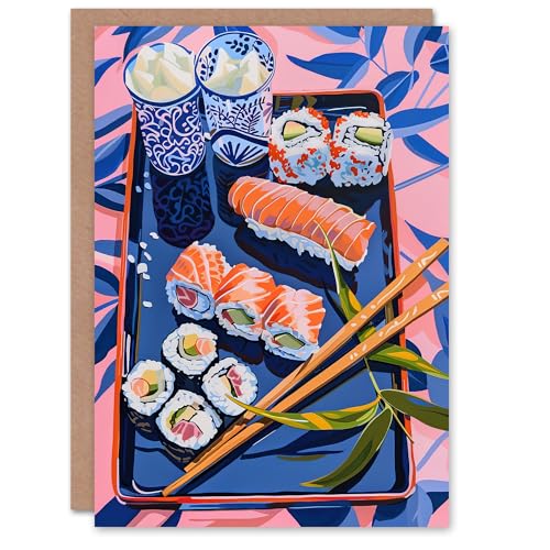 Artery8 Greeting Card Sushi Colourful Stylised Food Flatlay Painting Blank For Him Or Her Art Birthday Card von Artery8