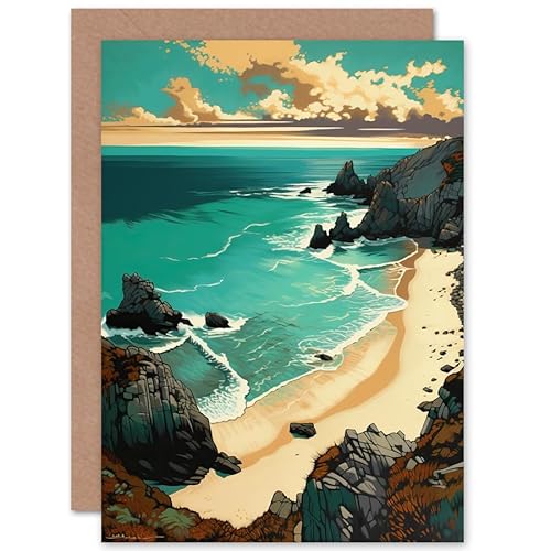 Artery8 Porthcurno Sandy Beach Cliffs Coastal Landscape Travel Birthday Sealed Greeting Card Plus Envelope Blank inside von Artery8