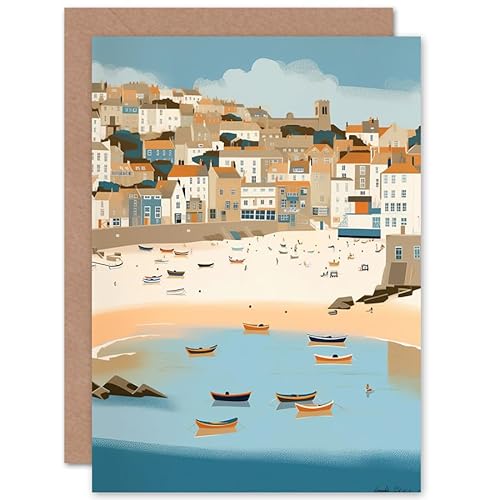 Artery8 Small Boats in St Ives Bay Coastal Cityscape Travel Birthday Sealed Greeting Card Plus Envelope Blank inside von Artery8
