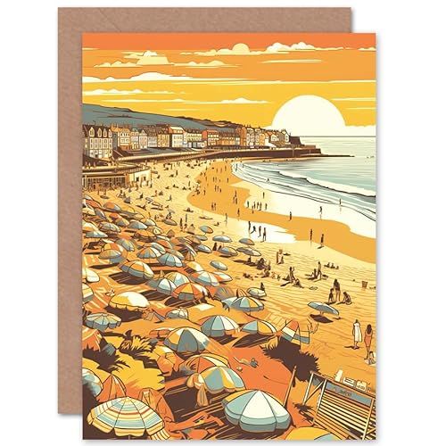 Artery8 Summer Sunset at Busy Sandy Promenade Beach Travel Birthday Sealed Greeting Card Plus Envelope Blank inside von Artery8