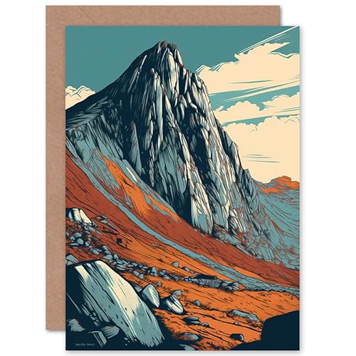 Artery8 Tryfan Mountain Peak Landscape Teal Brown Linocut Travel Birthday Sealed Greeting Card Plus Envelope Blank inside von Artery8