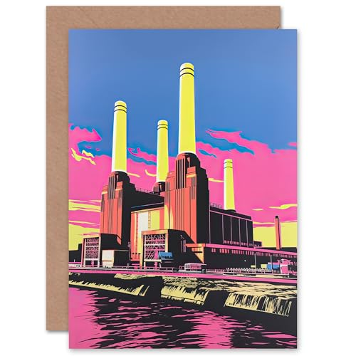 Battersea Power Station Pop Art Thames London for Him or Her Man Woman Birthday Thank You Congratulations Blank Art Greeting Card von Artery8