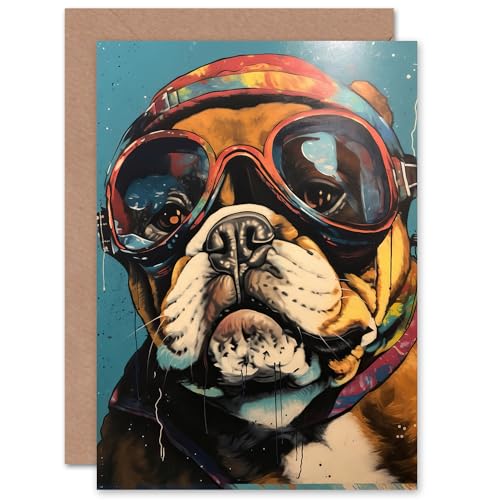 Biggles the Bulldog Goggles Helmet for Him or Her Man Woman Birthday Thank You Congratulations Blank Art Greeting Card von Artery8