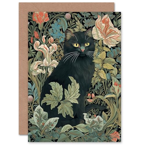 Black Cat Flowers Art Nouveau William Morris Style for Wife Her Mum Sister Daughter Mom Gran Nan Mothers Day Birthday Thank You Blank Art Greeting Card von Artery8