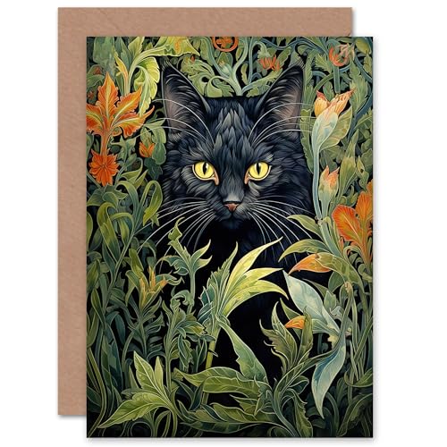 Black Cat Hiding in Flower Bed William Morris Style for Wife Her Mum Sister Daughter Mom Gran Nan Mothers Day Birthday Thank You Blank Art Greeting Card von Artery8