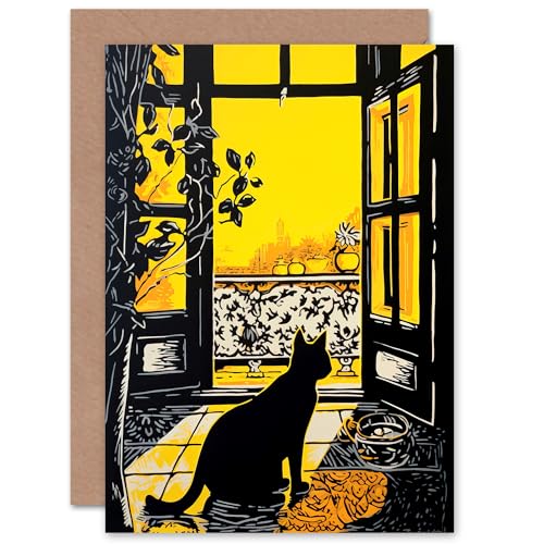 Black Cat Sunbathing Balcony for Him or Her Man Woman Birthday Thank You Congratulations Blank Art Greeting Card von Artery8