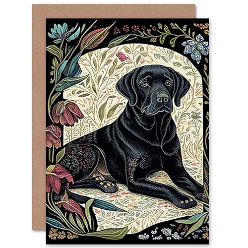 Black Labrador Dog with Floral Patterns Vintage Inspired Linocut Illustration Art Birthday Sealed Greeting Card Plus Envelope Blank inside von Artery8