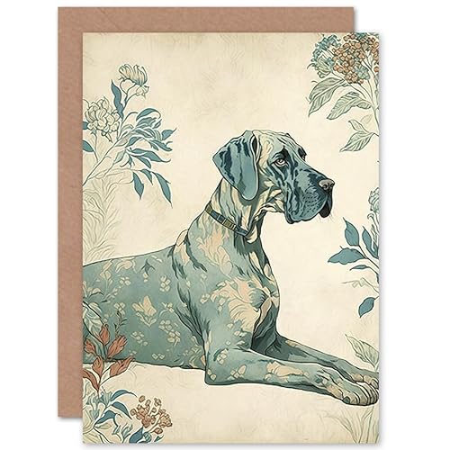 Blue Great Dane Dog with Flower Pattern Fur Coat Modern Illustration Art Birthday Sealed Greeting Card Plus Envelope Blank inside von Artery8