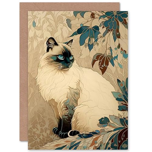 Blue Point Ragdoll Cat and Plant Pattern Art Nouveau Modern Illustration Art Birthday Sealed Greeting Card Plus Envelope Blank inside von Artery8