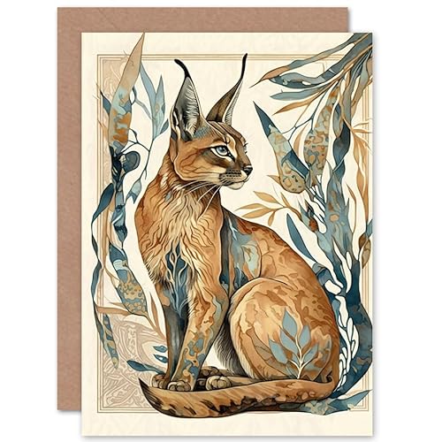 Caracal Cat with Teal Plants Modern Art Nouveau Watercolour Illustration Art Birthday Sealed Greeting Card Plus Envelope Blank inside von Artery8