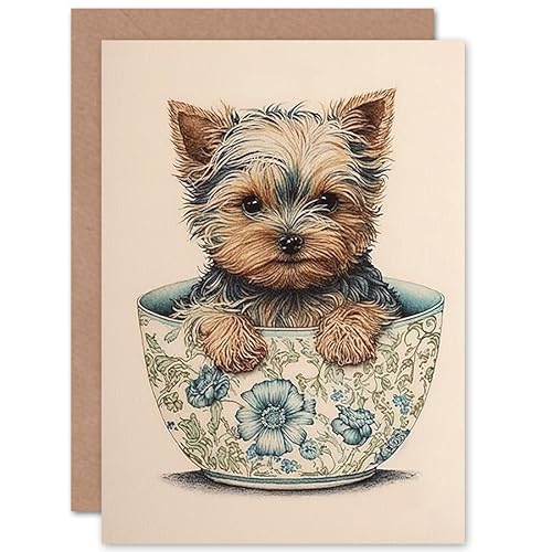 Cute Teacup Yorkshire Terrier Dog in Floral Pattern Tea Cup Watercolour Illustration Art Birthday Sealed Greeting Card Plus Envelope Blank inside von Artery8
