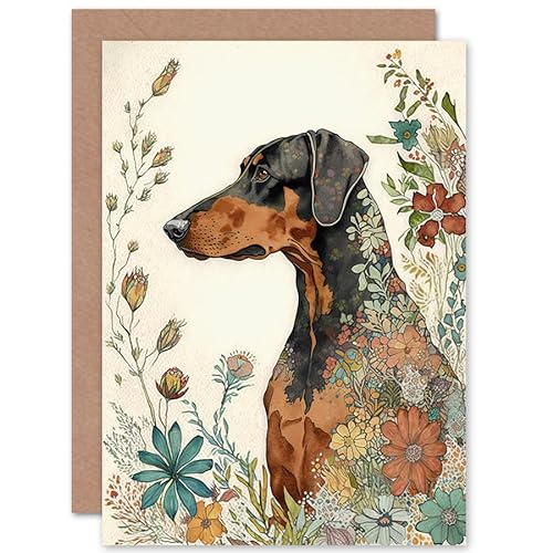 Doberman Dog with Spring Flowers Colourful Watercolour Illustration Art Birthday Sealed Greeting Card Plus Envelope Blank inside von Artery8