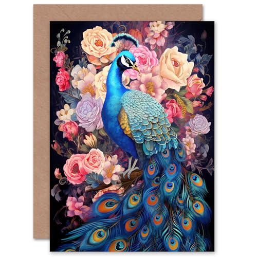 Elegant Peacock Bird With Rose Flower Blooms for Wife Her Mum Sister Daughter Mom Gran Nan Birthday Thank You Mothers Day Blank Art Greeting Card von Artery8