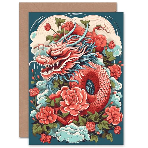 Fantasy Dragon Peony Flower 2024 Chinese Year of the Dragon for Him or Her Man Woman Chinese New Year Birthday Thank You Blank Art Greeting Card von Artery8