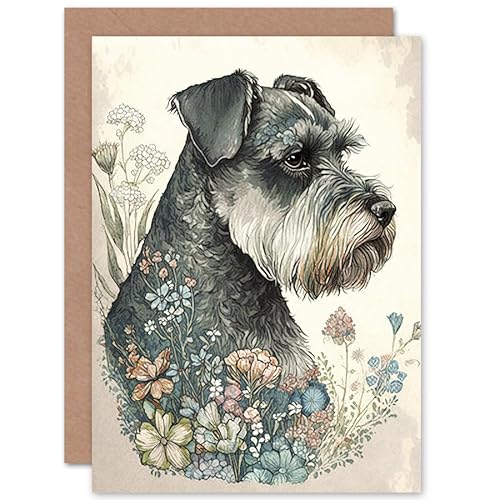 Grey Schnauzer Dog and Spring Flowers Boho Portrait Watercolour Illustration Art Birthday Sealed Greeting Card Plus Envelope Blank inside von Artery8