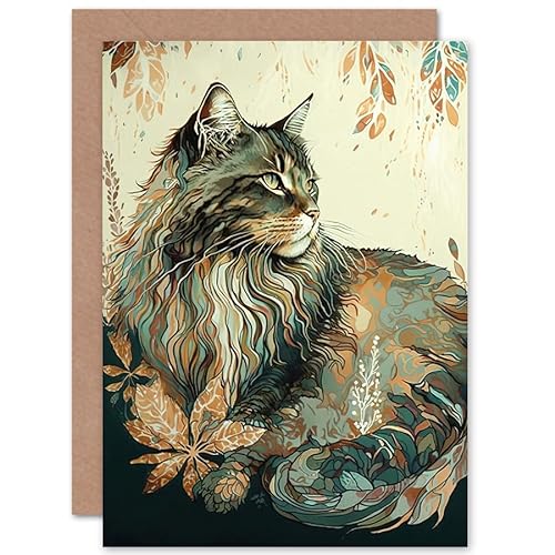 Maine Coon Cat with Flower Pattern Modern Watercolour Illustration Art Birthday Sealed Greeting Card Plus Envelope Blank inside von Artery8