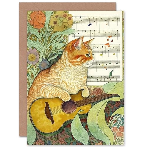 Orange Tabby Cat with Guitar and Sheet Music in Floral Art Nouveau Pattern Art Birthday Sealed Greeting Card Plus Envelope Blank inside von Artery8