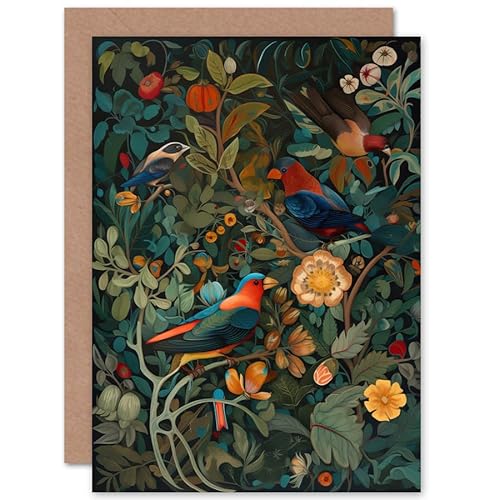 Parrots on Exotic Blooming Trees Modern Folk Art Nature Birthday Sealed Greeting Card Plus Envelope Blank inside von Artery8