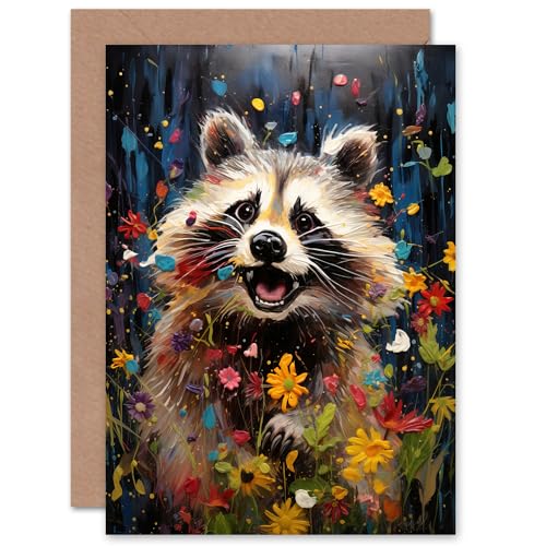 Racoon Romp Wildflower Meadow Quirky for Him or Her Man Woman Birthday Thank You Congratulations Blank Art Greeting Card von Artery8