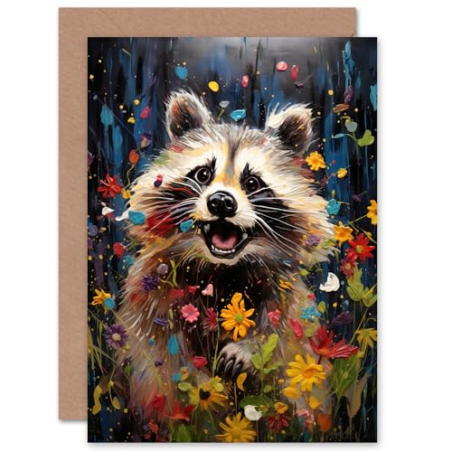 Artery8 Racoon Romp Wildflower Meadow Quirky for Him or Her Man Woman Birthday Thank You Congratulations Blank Art Greeting Card von Artery8