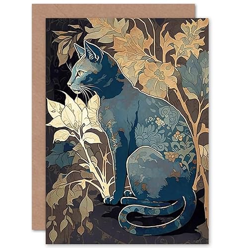 Russian Blue Cat with Autumn Plants and Floral Pattern Fur Coat Modern Silkscreen Illustration Art Birthday Sealed Greeting Card Plus Envelope Blank inside von Artery8