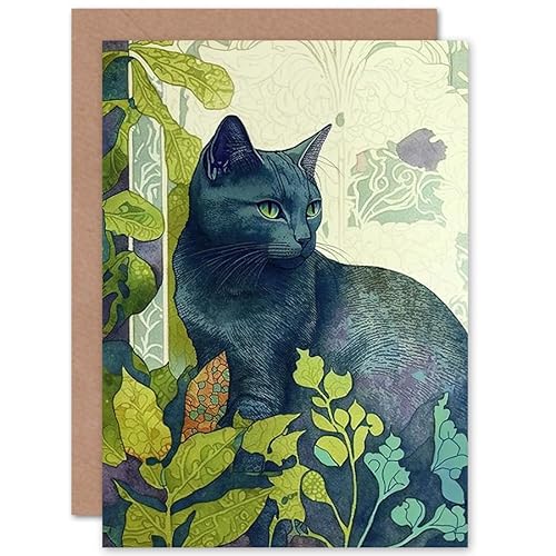 Russian Blue Cat with Bright Ornate Plants Modern Art Nouveau Illustration Art Birthday Sealed Greeting Card Plus Envelope Blank inside von Artery8