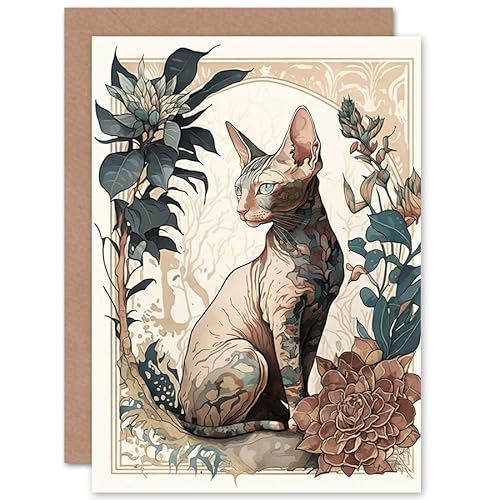 Sphynx Cat with Flower Blooms Modern Art Nouveau Portrait Illustration Art Birthday Sealed Greeting Card Plus Envelope Blank inside von Artery8