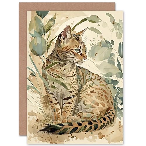 Spotted Fur Coat Bengal Cat in Nature Pastel Watercolour Illustration Art Birthday Sealed Greeting Card Plus Envelope Blank inside von Artery8