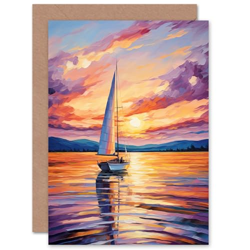 Sunset Sailing Vibrant Sail Boat Seascape for Him or Her Man Woman Birthday Thank You Congratulations Blank Art Greeting Card von Artery8