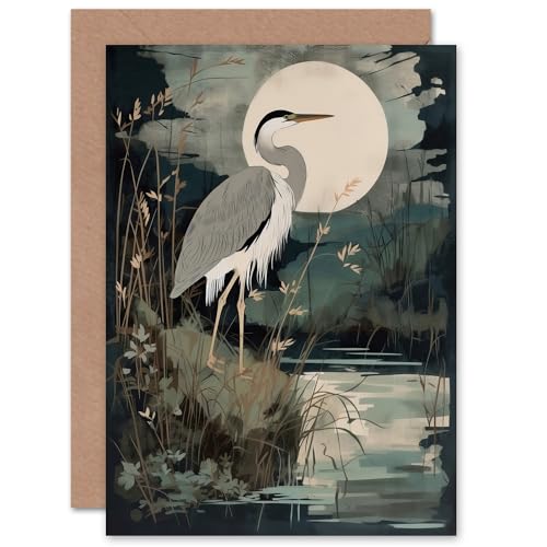 Supper Time Moonlit Heron Earthy for Him or Her Man Woman Birthday Thank You Congratulations Blank Art Greeting Card von Artery8