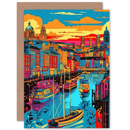 Vibrant Liverpool City Waterfront Sunset Cityscape Travel Birthday Sealed Greeting Card Plus Envelope Blank inside von Artery8