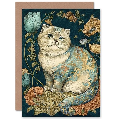 William Morris Inspired Cute Cat with Floral Pattern Fur and Flowers Colourful Modern Illustration Art Birthday Sealed Greeting Card Plus Envelope Blank inside von Artery8
