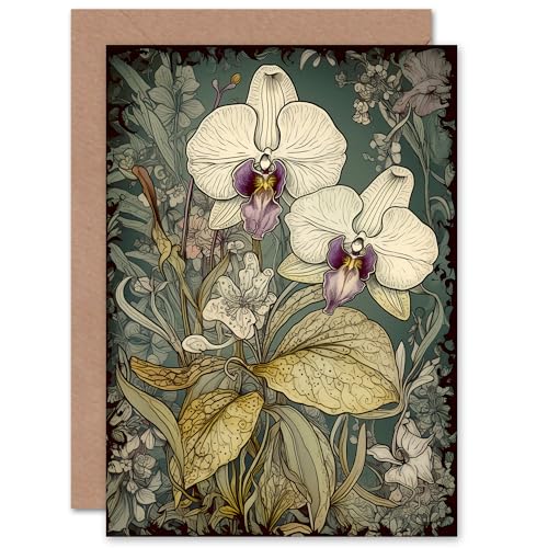 William Morris Style Orchid Flowers Floral for Wife Her Mum Sister Daughter Mom Gran Nan Birthday Thank You Get Well Soon Blank Art Greeting Card von Artery8